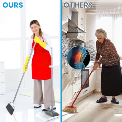 Stand Up Dustpan and Broom Set 50” Long Handle Broom with Dust Pan, 20° Angled for Ergonomic Home Office Indoor Sweeping - color: Gray
