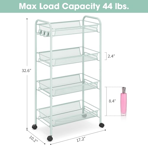 TOOLF 4 Tier Rolling Cart, Metal Utility Storage Cart with Wheels, Green - color: Green, size: 4-Tier