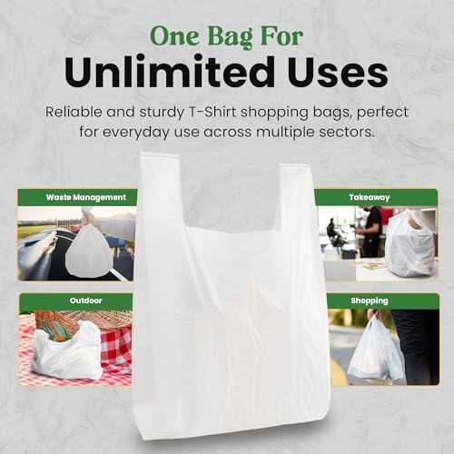 Plastic Bag with Handles | T Shirt | Shopping Bag for Small Business | Recyclable Plastic Grocery Bags | To Go for Food, Groceries & Restaurants | 21" x 11.5", 100-Pack | KitchenDine (100) - size: 100