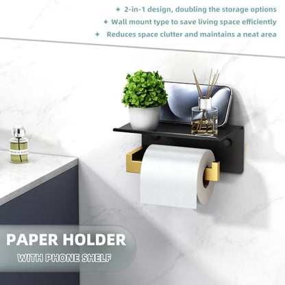 APLusee Black and Gold Toilet Paper Holder with Storage Shelf, Wall Mounted - color: Black With Gold, size: Single Rod