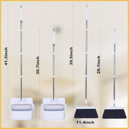 Heavy Duty Broom and Standing Dustpan Combo Set, Rotatable Head Dust Pan and Brush Set with Collapsible Handle, Cleaning Teeth, Hanging Loop, Ideal for Pets, RV, Kitchen, Camping, Outdoor Floor, White