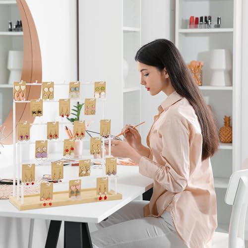 Earring Display for Vendors 6 Tier 42 Hooks Wood Earring Display Rack Holder for Earings Necklaces Rings Bracelets Keychains (White) - color: White