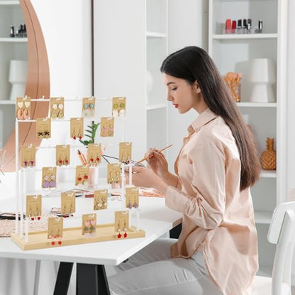 Earring Display for Vendors 6 Tier 42 Hooks Wood Earring Display Rack Holder for Earings Necklaces Rings Bracelets Keychains (White) - color: White