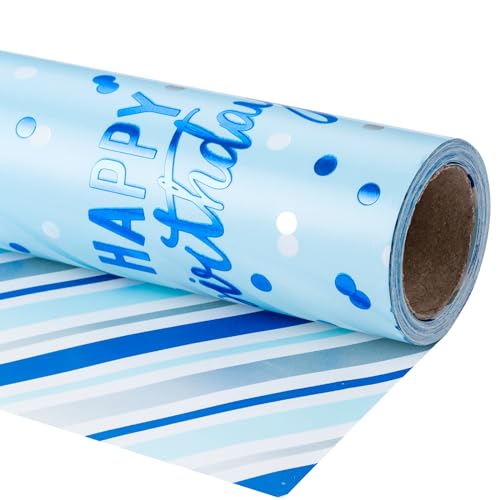 LeZakaa Reversible Blue Birthday Wrapping Paper Roll for Boys Men, Happy Birthday Lettering & Stripe Pattern with Metallic Foil in Blue, Mini Roll, 17 inches x 32.8 Feet (46.45 sq.ft.) - color: Birthday - Metallic Blue, size: 17" X 32.8 ft
