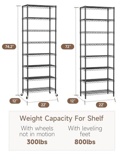 Golpart 8Tier Adjustable Storage Shelves Metal Wire Shelving Standing Shelf - color: Black, size: 8-tier-12"Dx22"Wx72"H