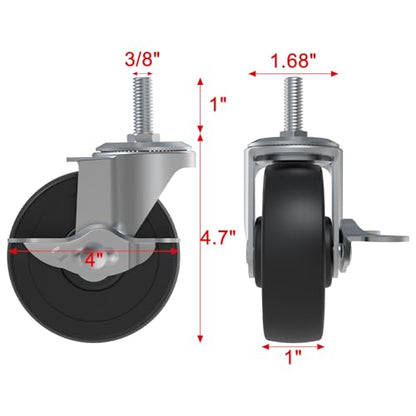 AAGUT 4 Inch Threaded Stem Casters 3/8"-16x1, Rubber Caster Wheels 4 Pack - style: 4inch(with brakes)