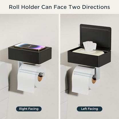 FORIOUS Toilet Paper Holder with Shelf, Wall-Mounted Modern Wipes Dispenser - color: Black & Brushed Nickel, size: Big 1 Pack-8" (L)
