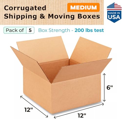 Medium Moving & Shipping Boxes 12 x 12 x 6 inches (5-Pack) - Extra Strength 200 lb vs Regular - Corrugated Packing Boxes for Moving Medium Volume - Box for Shipping by IDL Packaging - size: 12 * 12 * 6" (Medium Boxes)