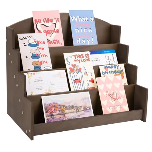 4 Tier Wooden Greeting Card Display Stand, Brown - color: Deep Brown