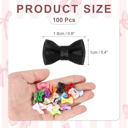 MECCANIXITY 100 Pcs Mini Ribbon Bow 0.8" Mini Fabric Satin Ribbon Flower Bows for Craft DIY Sewing Wedding Birthday Party, Black - color: Black