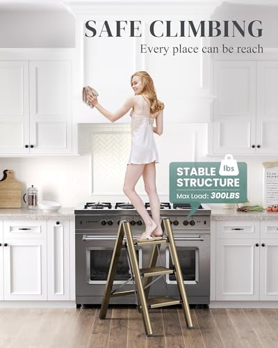 3 Step Ladder, Foldable Aluminum Step Stool with Anti-Slip Pedal - color: Champagne Gold, size: 3 Step