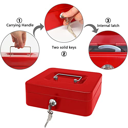 Steel Cash Box with Key Lock, Metal Small Money Organizer with Money Tray,Cash Storage Box with Lockable Cover (Red - 10 inch) - color: Red - 9.8" x 7.8" x 3.3"