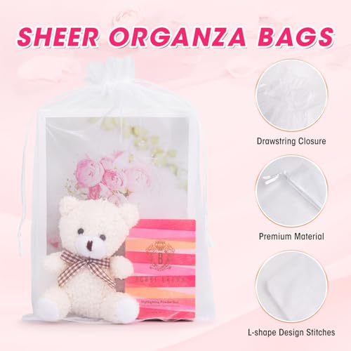 ANZNKU 50 Pcs Large Organza Bags 8x12, White Small Mesh Gift Bag Drawstring - color: White