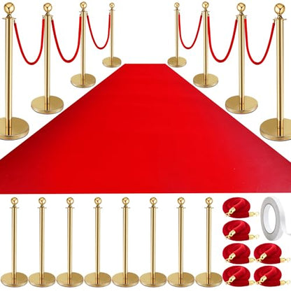 Pelopy 8sets Stanchion Posts Queue Crowd Control Stanchion Velvet Ropes Carpet Set, 38 in Post Sand Injection Hollow Base with Rope for Party Museum (32 ft Carpet,Gold,Red) - color: Gold, Red, size: 32 ft Carpet