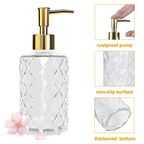 Clear Glass Soap Dispenser with Gold Plastic Pump, 2 Pack 12oz Diamond Hand Soap Dispenser, Refillable Lotion Dispenser & Dish Bathroom Dispenser for Liquid, Shower Gel - color: Crystal Clear