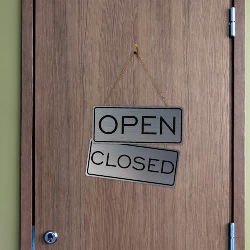 Open Closed Sign, Brushed Silver, 12" x 5" - Durable Dual-Sided Design with Adhesive Tape & Knotted Ribbon Hanger, No Tools Required - color: Brushed Silver, size: 12x5 inches