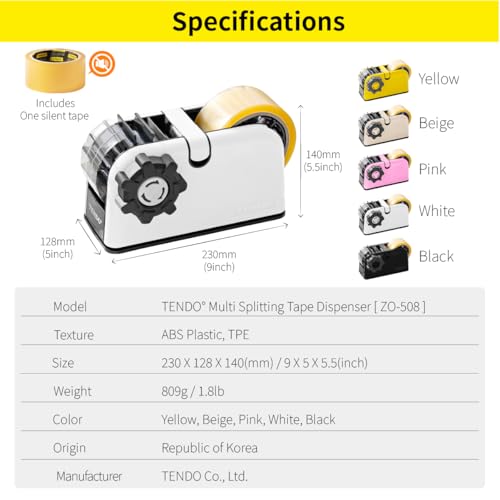 [TENDO°] TENDO Multi-Section Tape Dispenser, Custom Width Tape Cutter with 4 Cutting Sections, Built-in Safety Blade, Ergonomic Grip for Packing and Office Use, ZO-508(White) - color: White
