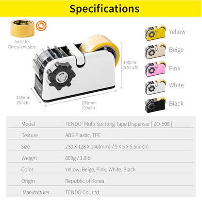 [TENDO°] TENDO Multi-Section Tape Dispenser, Custom Width Tape Cutter with 4 Cutting Sections, Built-in Safety Blade, Ergonomic Grip for Packing and Office Use, ZO-508(White) - color: White