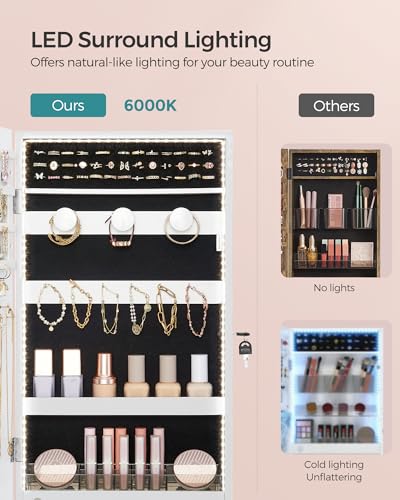 SONGMICS Lockable Jewelry Cabinet Armoire with Mirror, Wall-Mounted - color: White, style: Simple LED