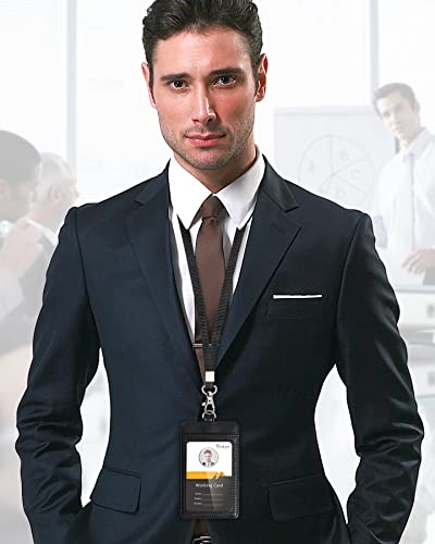 Teskyer Leather ID Badge Holder with Lanyard, Vertical Lychee Black - color: Lichee Black, size: Vertical