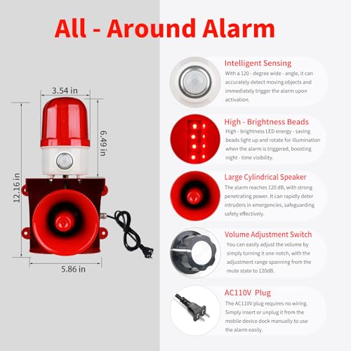 AC110V Motion Sensor Alarm with Human Detection, 120dB Adjustable Siren & Red LED Strobe Lights Outdoor Security Alarm for Home Theft, Animal Intrusion, Garden Protection, Property Protection