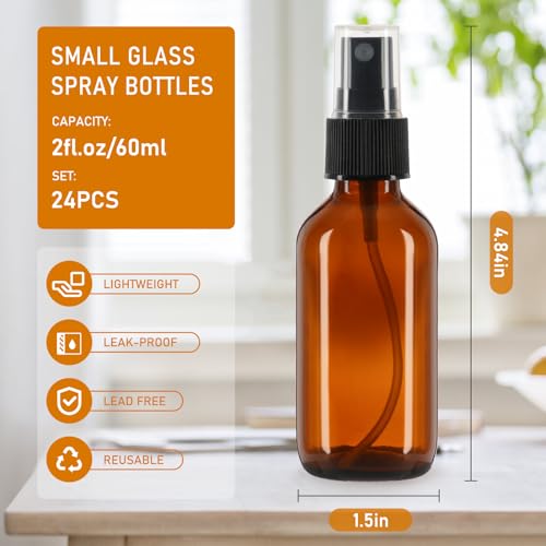 2 oz Amber Glass Spray Bottles 24 Pack, Leakproof with Durable Refillable - color: 24 Pack, size: 2 fl.oz