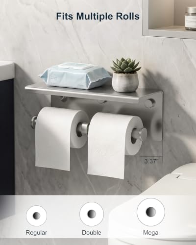 Double Toilet Paper Holder with Shelf Brushed Nickel Tissue Roll Holder - color: Brushed Nickel