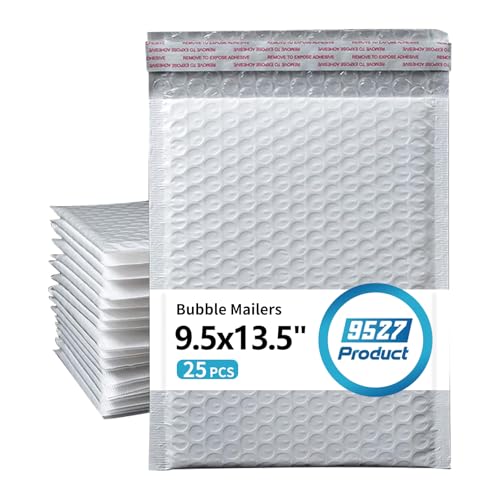 9527 Product Self Sealing Poly Bubble Mailers 9.5"x 13.5" Padded Shipping Envelopes 25Pcs - color: White, size: 9.5"x13.5"|25Pcs