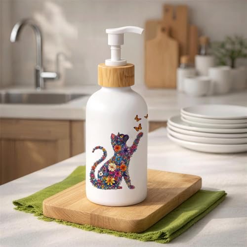 Boho Floral Cat Glass Soap Dispenser with Pump - color: Floral Cat
