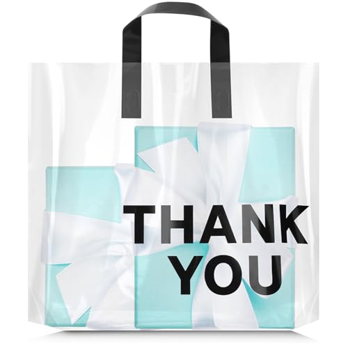 Paterr 50 Pack Thick Clear Thank You Gift Bags with Handles Durable Retail Plastic Bags 12 x 15 x 3'' Merchandise Gift Wrapping Shopping for Small Business Retail Shop Clothing Customers Goody