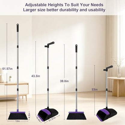 Broom and Dustpan Set, 51" Long Handle Broom with Built-in Comb - Purple - color: Purple, size: Standard