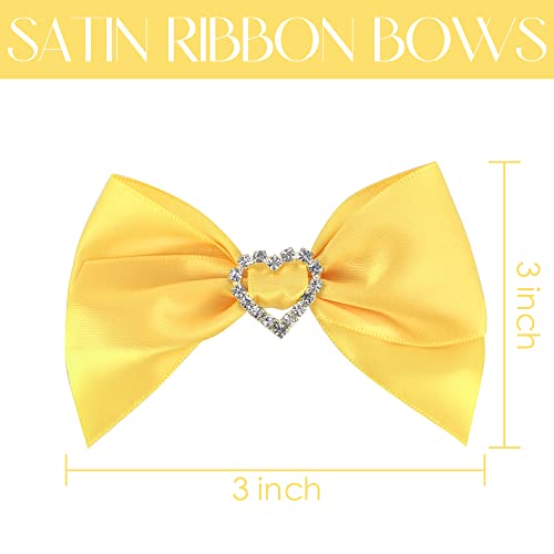 AIMUDI Pre-Tied Yellow Gold Satin Bows with Rhinestone 3" Yellow Ribbon Bows with Heart Diamante Bows for Gift Wrapping Small Bows for Crafts Wedding Embellishment Shower Party Favors - 12 PCs - color: Yellow Gold
