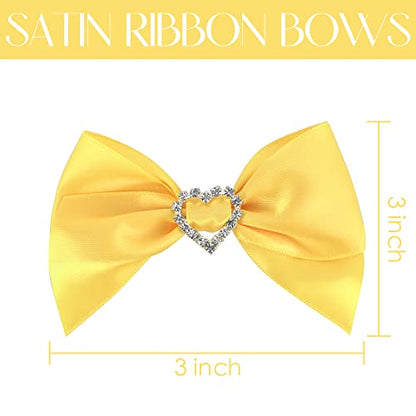 AIMUDI Pre-Tied Yellow Gold Satin Bows with Rhinestone 3" Yellow Ribbon Bows with Heart Diamante Bows for Gift Wrapping Small Bows for Crafts Wedding Embellishment Shower Party Favors - 12 PCs - color: Yellow Gold