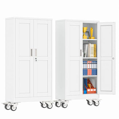 pozdeg 61" White Lockable Rolling Metal Garage Storage Cabinet - color: White, size: 13.78"D x 27.56"W x 61"H