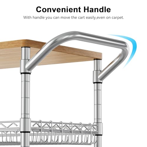 WDT 3 Tier Rolling Kitchen Carts with Wheels, Heavy Duty Rolling Utility Cart with Wood Tabletop, Commercial Grade Metal Cart with Handle and Hooks, NSF Storage Serving Island Carts, Light Wood+Metal - color: Light Wood+metal-3 Tier