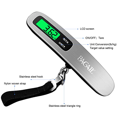 BAGAIL Digital Luggage Scale, 110lbs Hanging Baggage Scale with Backlit LCD Display, Portable Suitcase Weighing Scale, Travel Luggage Weight Scale with Hook, Strong Straps for Travelers - color: Silver