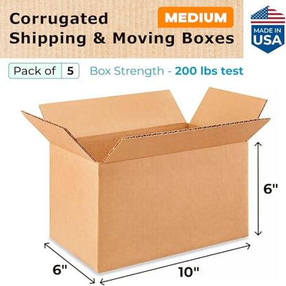 Medium Moving & Shipping Boxes 10 x 6 x 6 inches (5-Pack) - Extra Strength 200 lb vs Regular - Corrugated Cardboard Boxes for USPS/UPS/FEDEX - Box for Packaging - Medium Box by IDL Packaging - size: 10 * 6 * 6" (Medium Boxes)
