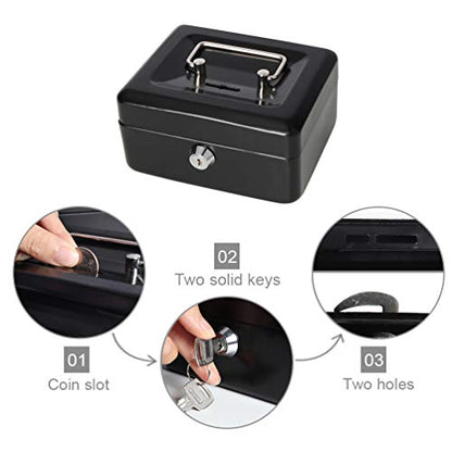 Decaller Small Cash Box with Lock and Slot, Metal Coin Bank Piggy Bank for Adults & Kids, 5.9" x 4.7" x 3.2", Black - color: Black, size: Small (5.9 Inch)