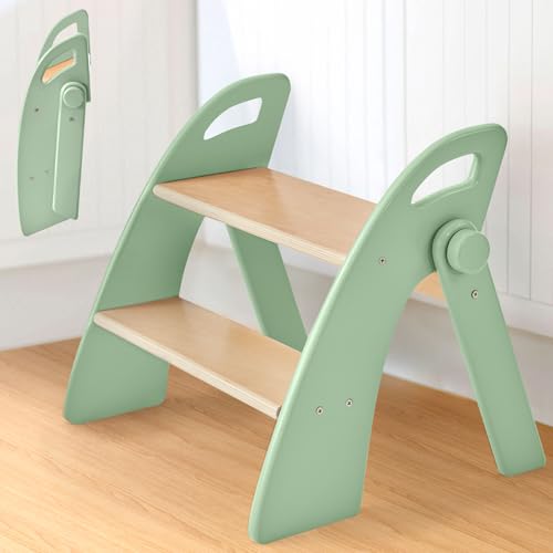 Wooden 2 Step Stool for Toddlers, Foldable 2-Step with Non-Slip Pads and Handles, Bamboo Step Stool for Kids Bathroom Sink and Potty Training, Kitchen Helper, Nursery Bedroom (Green) - color: Green