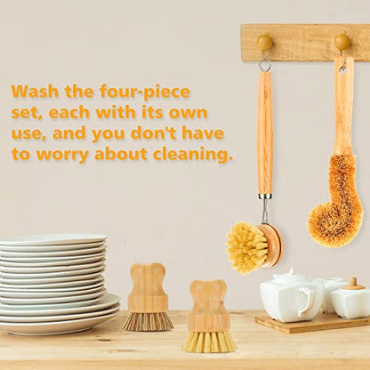 SAMEBUTECO Bamboo Dish Brushes Sets 4 Tools in One Kitchen Clean Dish Scrubber for Pots Pans Bottles with Natural Bristles (Bamboo Brushes Sets)