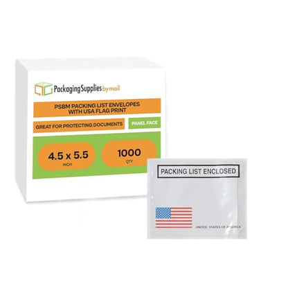PSBM Clear Back Load Packing List Bags 4.5 x 5.5" USA Face 1000 Pcs, Waterproof Pouches for Packing Slips & E-Commerce