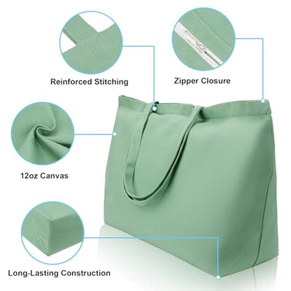 Large Canvas Tote Bag Reusable Extra Big Grocery Bags - color: Mint Green With Zipper