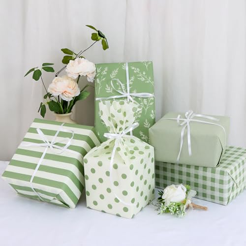 BEISHIDA 100 Sheets Green Tissue Paper Bulk,Botanical Dots Stripes Gingham Wrapping Tissue Paper for Gift Bags, 14 x 20 Inch Gift Wrap for Spring Birthday Baby Shower Wedding DIY Crafts - color: sagegreen100