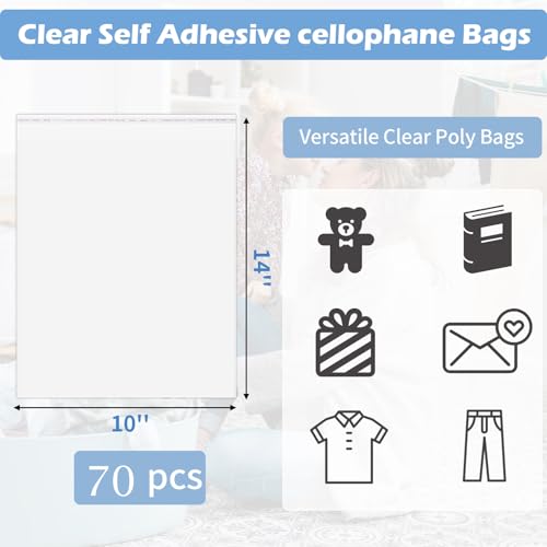 70 Pack 10x14" Clear Cellophane Bags for Shirts, Gift Wrapping, Artwork - size: 10x14 Inch
