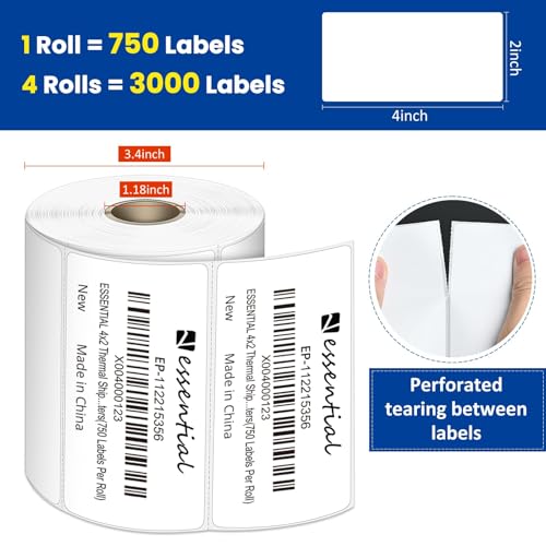 ESSENTIAL 4" x 2" Direct Thermal Labels, 1" Core (3000 Labels, 4 Rolls) - size: 4"x2"-750 Labels/ Roll