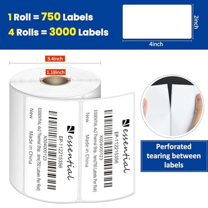 ESSENTIAL 4" x 2" Direct Thermal Labels, 1" Core (3000 Labels, 4 Rolls) - size: 4"x2"-750 Labels/ Roll