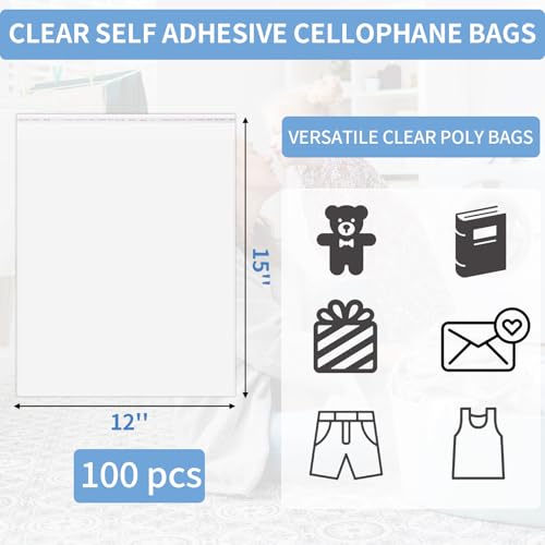 100 Pack 12x15" Clear Cellophane Bags for Shirts, Gift Wrapping, Artwork - size: 12x15 Inch