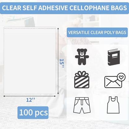 100 Pack 12x15" Clear Cellophane Bags for Shirts, Gift Wrapping, Artwork - size: 12x15 Inch