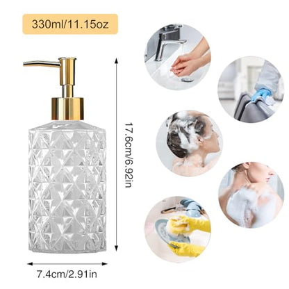 Clear Glass Soap Dispenser with Gold Plastic Pump, 2 Pack 12oz Diamond Hand Soap Dispenser, Refillable Lotion Dispenser & Dish Bathroom Dispenser for Liquid, Shower Gel - color: Crystal Clear