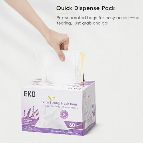 EKO 21 Gallon / 50-90 Liter, Drawstring Trash Bags, Extra-Strong Garbage Bags,Lavender Scent with Continuous Odor Control, Easy-Dispense Roll -Kitchen&Household Use,CodeG, White 60 Count (Pack of 4) - size: 60 Count (Pack of 4), style: 21 Gallon Bags/Code